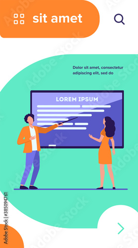Teacher explaining task to student. Man pointing at blackboard, showing text sample flat vector illustration. Education, class, studying concept for banner, website design or landing web page