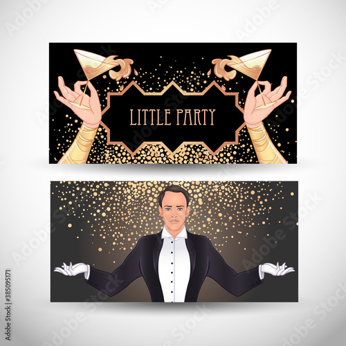 Art Deco vintage invitation template design with illustration of man. Great Gatsby inspired. patterns and frames. Retro party background (1920's style). Vector for glamour event, wedding or jazz party