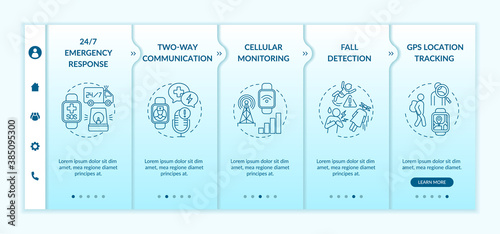 Smartwatch healthcare features onboarding vector template. Emergency response. Cellular monitoring. Responsive mobile website with icons. Webpage walkthrough step screens. RGB color concept