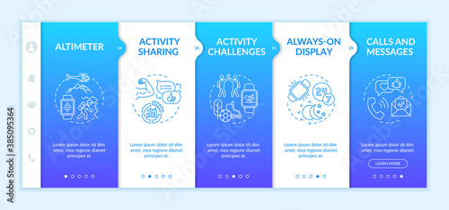 Smartwatch elements onboarding vector template. Activity sharing. Always-on display. Communication. Responsive mobile website with icons. Webpage walkthrough step screens. RGB color concept