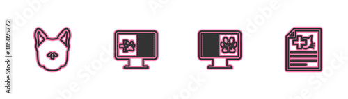 Set line Dog, Clinical record pet on monitor, and Medical certificate for dog cat icon. Vector.