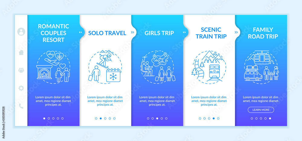 Winter escape ideas onboarding vector template. Solo travel. Scenic train trip. Girls-only travel. Responsive mobile website with icons. Webpage walkthrough step screens. RGB color concept