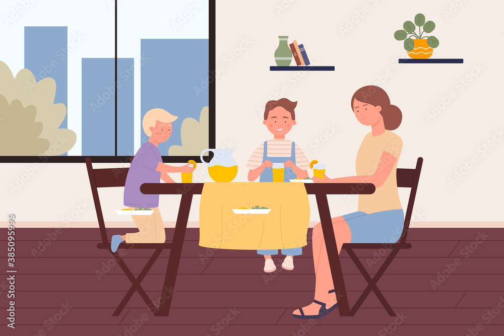 Mother with children eat at home room interior vector illustration. Cartoon happy young woman, boy kids characters sitting at kitchen table and eating, motherhood and family time with child background