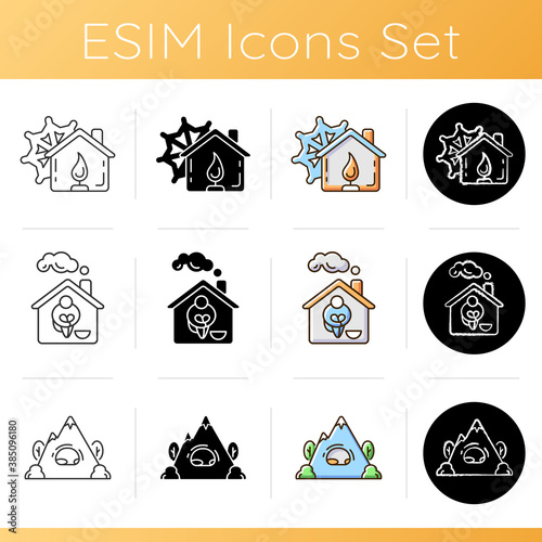 Human shelters icons set. Warming center. Supportive housing for homeless people. Rockhouse. Camping. Abri. Safety and protection. Linear, black and RGB color styles. Isolated vector illustrations