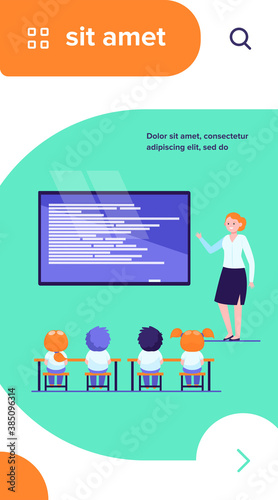 Primary school class. Happy teacher explaining lesson to children at blackboard flat vector illustration. Elementary school, education concept for banner, website design or landing web page