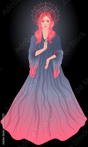 Lady of Sorrow. Devotion to the Immaculate Heart of Blessed Virgin Mary, Queen of Heaven. Vector illustration over halo or ornate mandala isolated. Hand-drawn, religion, spirituality, occultism.