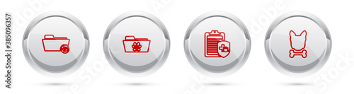 Set line Medical veterinary record folder, , Clinical pet and Dog and bone. Silver circle button. Vector.
