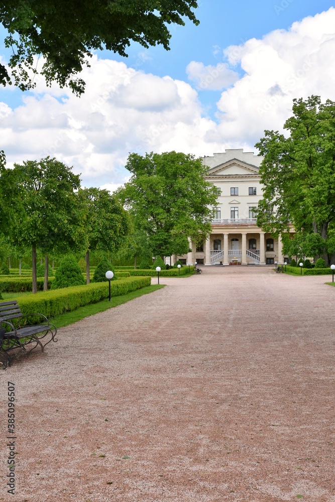 Baturin, Ukraine - June 2020: Beautiful view on Razumovsky Palace in Baturin, Ukraine, Chernigiv region. The palace and park complex of Kiril Razumovsky.  Landscape and park design.