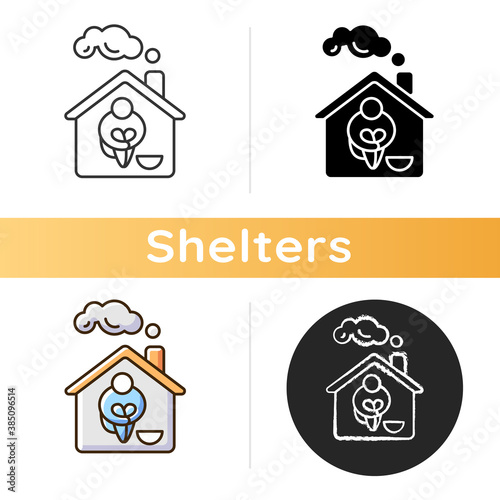Homeless shelter icon. Temporary residence for homeless individuals and families. Safety and protection. Supportive housing. Linear black and RGB color styles. Isolated vector illustrations