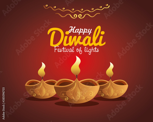 Happy diwali diya candles with ornament on red background design  Festival of lights theme Vector illustration