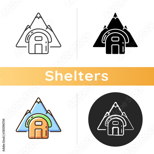 Bivouac shelter icon. Improvised camp site. Backpacking. Scouting. Temporary tent. Encampment. Bivy sack. Traveling. Linear black and RGB color styles. Isolated vector illustrations