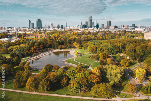 Autumn in Mokotowskie field, Warsaw distant city center aerial view in the background