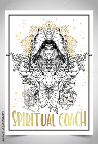 Fortune teller, spiritual coach, mystic healer business card design template. Vector illustration. Magic woman.