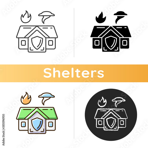 Emergency shelter icon. Temporary residence. Natural disasters. Domestic violence. Warming center. Emergency housing assistance. Linear black and RGB color styles. Isolated vector illustrations