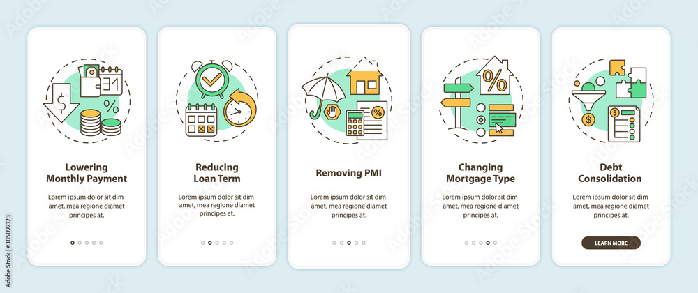 Mortgage refinance benefits onboarding mobile app page screen with concepts. Lowering payment, removing PMI walkthrough 5 steps graphic instructions. UI vector template with RGB color illustrations