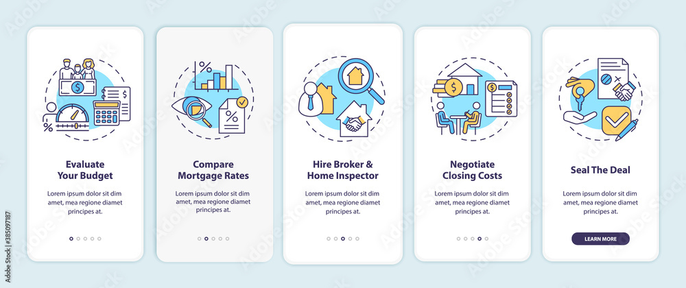 First-time homebuyer tips onboarding mobile app page screen with concepts. Evaluate budget, hire broker walkthrough 5 steps graphic instructions. UI vector template with RGB color illustrations
