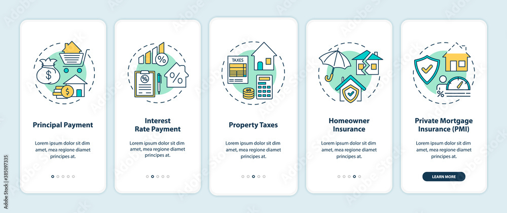 Mortgage payment elements onboarding mobile app page screen with concepts. Principal payment, property taxes walkthrough 5 steps graphic instructions. UI vector template with RGB color illustrations