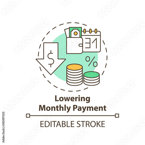 Lowering monthly payment concept icon. Mortgage refinance benefit idea thin line illustration. Refinance home loan. Lower rate. Vector isolated outline RGB color drawing. Editable stroke