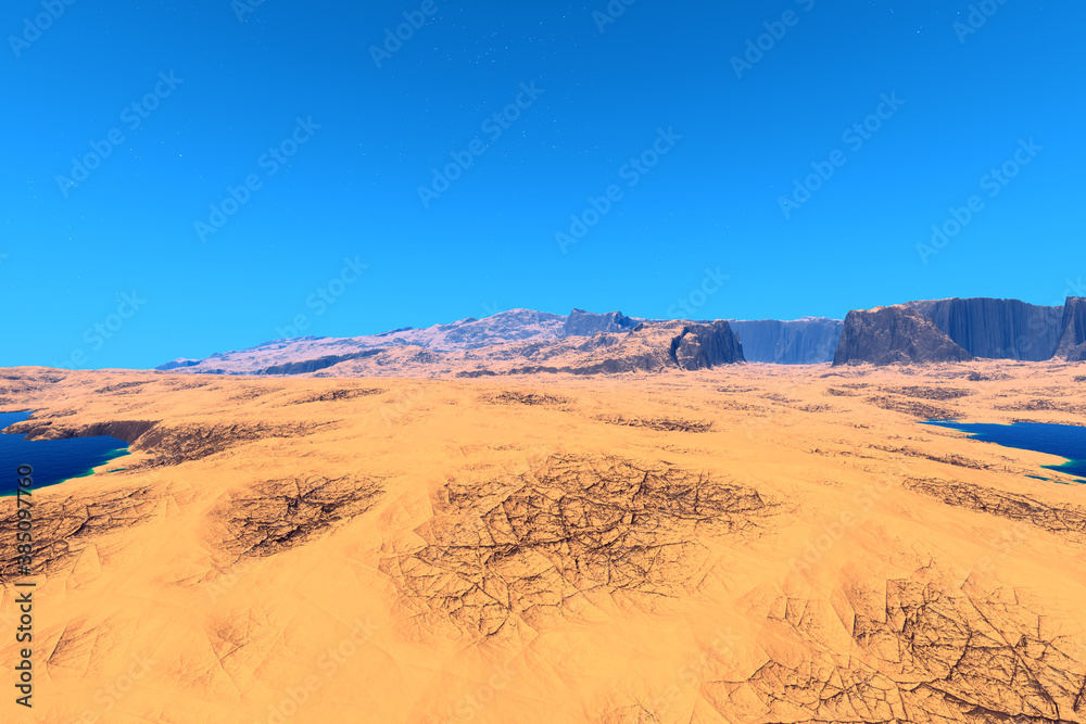 Naklejka premium Alien Planet. Mountain and lake. 3D rendering