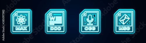 Set line MAX file document, DOC, OGG and MSG. Glowing neon icon. Vector.