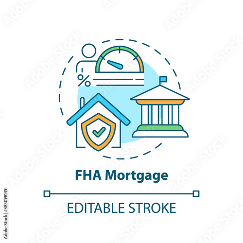 FHA mortgage concept icon. Federal housing administration type idea thin line illustration. Low loan balance. Federally-backed mortgages. Vector isolated outline RGB color drawing. Editable stroke