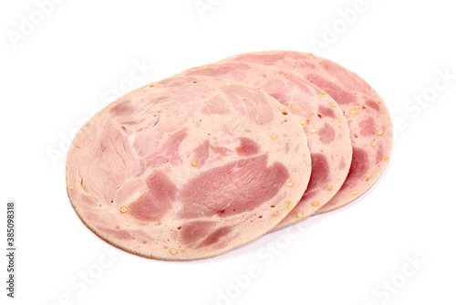 Boiled Ham Slices, close-up, isolated on a white background