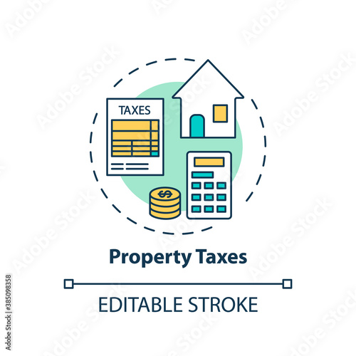 Property taxes concept icon. Mortgage payment element idea thin line illustration. Borrowers monthly mortgage bills. Escrow account. Vector isolated outline RGB color drawing. Editable stroke