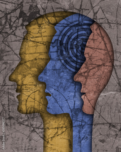 
Schizophrenia male head silhouette.
Illustration with three stylized male heads on grunge texture symbolizing schizophrenia Depression,bipolar disorder. photo