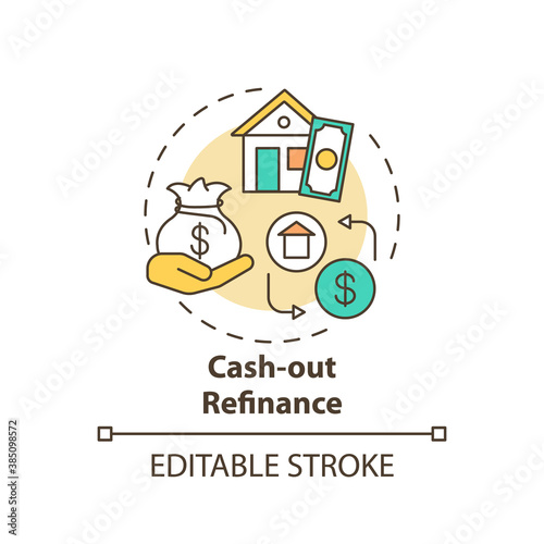 Cash-out refinance concept icon. Mortgage refinancing option idea thin line illustration. Paying off existing first mortgage. Real property. Vector isolated outline RGB color drawing. Editable stroke