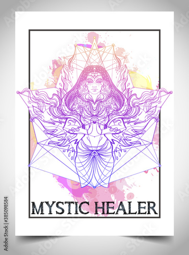 Fortune teller, spiritual coach, mystic healer business card design template. Vector illustration. Magic woman.