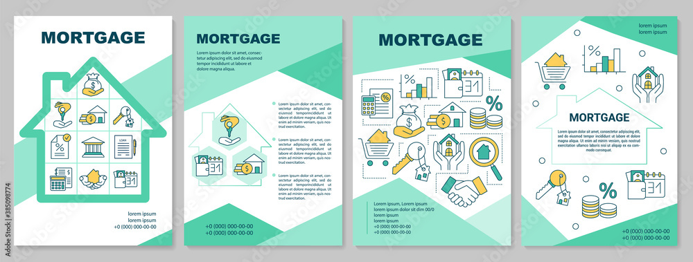 Mortgage industry brochure template. Bank loan. Help purchase home. Flyer, booklet, leaflet print, cover design with linear icons. Vector layouts for magazines, annual reports, advertising posters