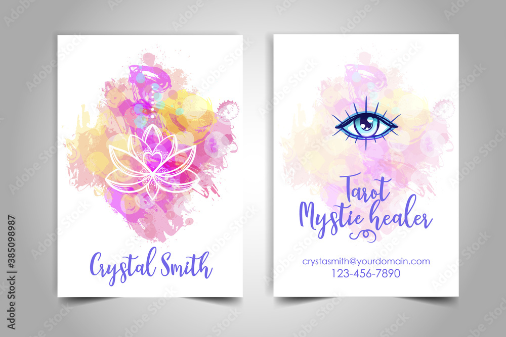 Fortune teller, spiritual coach, mystic healer business card design template. Vector illustration. Magic woman.