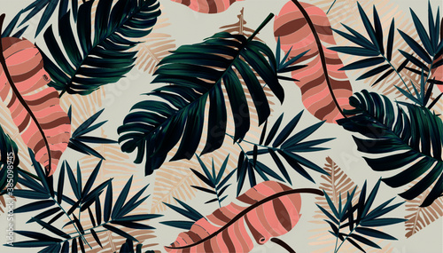 Summer hawaiian pattern with exotic tropical plants, palm tree, of Pink and blue monstera leaves