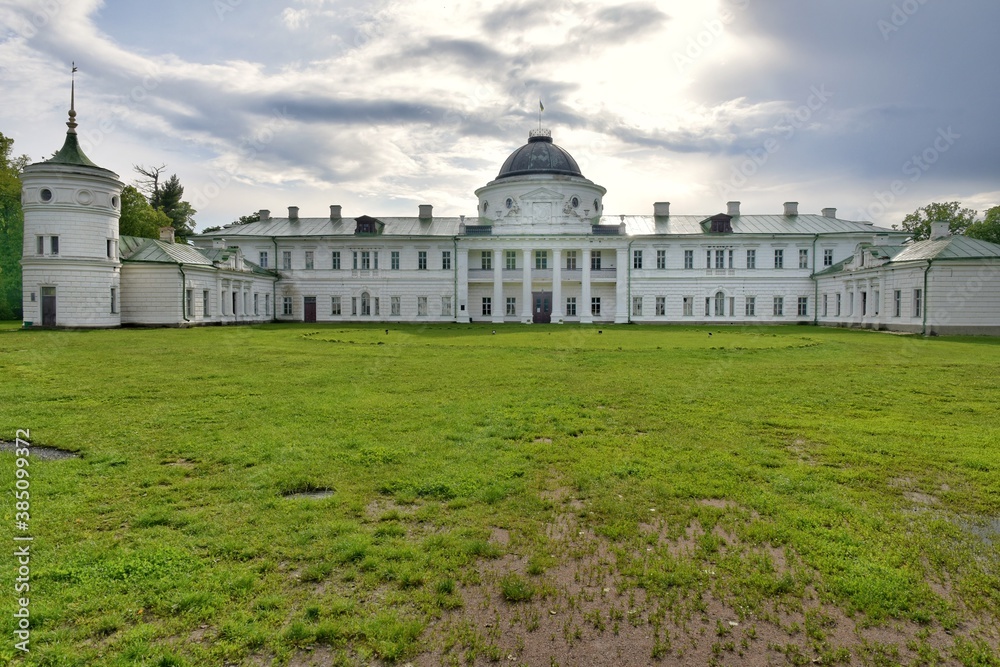 Kachanivka, Ukraine - June 2020: Beautiful ancient Tarnovsky palace and park in Kachanivka. Ukrainian heritage, tourist attractions. Landscape and park design