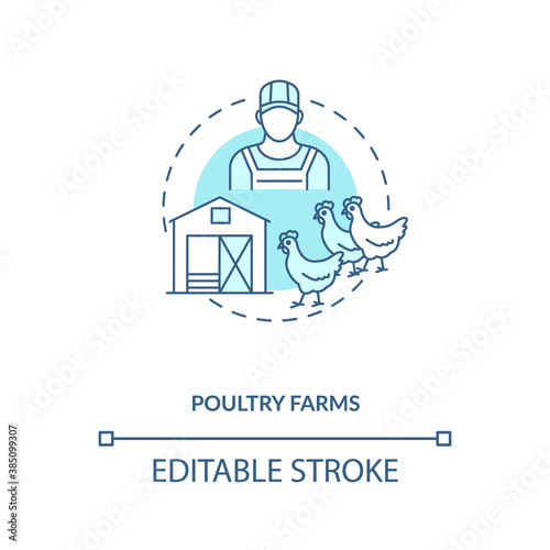 Poultry farms concept icon. Farm production types. Organic foods field organizations. Animal meat production idea thin line illustration. Vector isolated outline RGB color drawing. Editable stroke