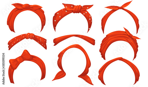 Girlish hairbands set. Red bandana with bow, tied handkerchief, headbands. Isolated vector illustrations for ladies accessories, hairstyle, retro fashion concept