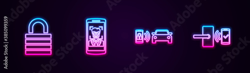 Set line Lock, Mobile and face recognition, Smart car alarm system and Digital door lock with wireless. Glowing neon icon. Vector.
