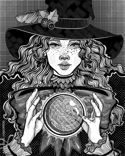 witch in the hat casts a spell with a magic crystal ball
