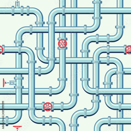 Intertwining blue pipes. Pipeline vector seamless pattern in flat style.