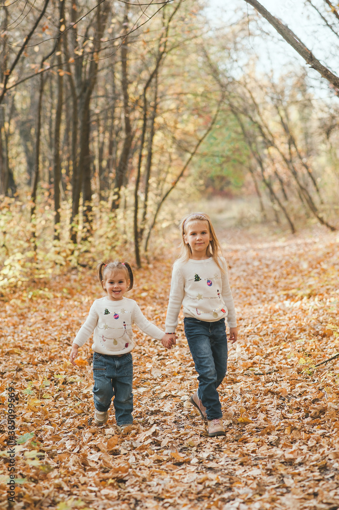 Portrait of two cheerful small sisters in white sweaters and jeans walking in the park in warm autumn day Portrait of two cheerful small sisters in white sweaters and jeans walking in the park in warm autumn day