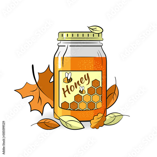 Glass jar with honey surrounded by autumn leaves. Vector isolated on a white background.