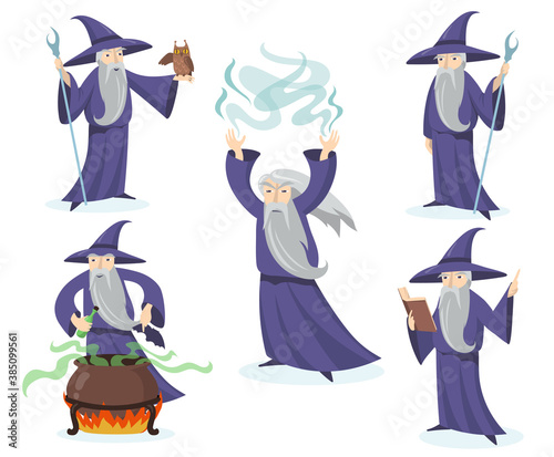 Medieval magician set. Wizard in hat and gown using different accessory, mage with owl, warlock boiling potion in cauldron Vector illustration for witchcraft, magic, fantasy concept