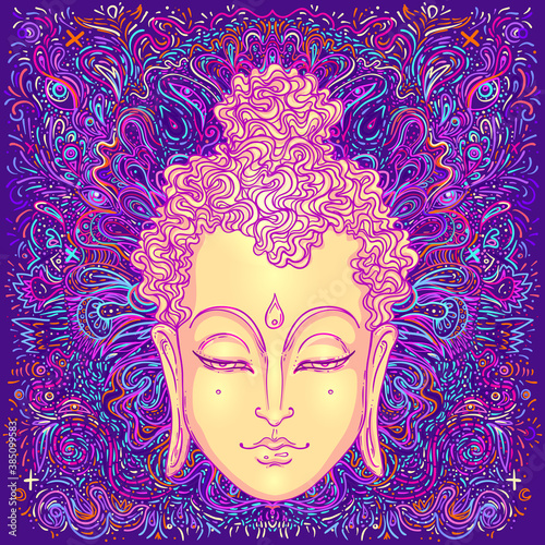 Buddha face over ornate mandala round pattern. Esoteric vintage vector illustration. Indian, Buddhism, spiritual art. Hippie tattoo, spirituality, Thai god, yoga zen Coloring book pages for adults.