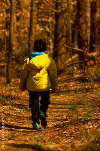 A boy wearing a winter coat with a hood is walking alone in a hiking trail covered with fallen autumn leaves. The trail goes through a forest and is shaded. A fall concept image with some mystery. © Grandbrothers