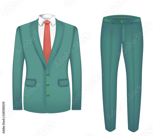 Orange tie, white shirt and green suit. close up. vector