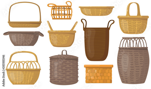 Empty baskets set. Wicker boxes and hampers, containers for storage. For picnic or Easter holiday concept. Vector illustrations isolated on white background