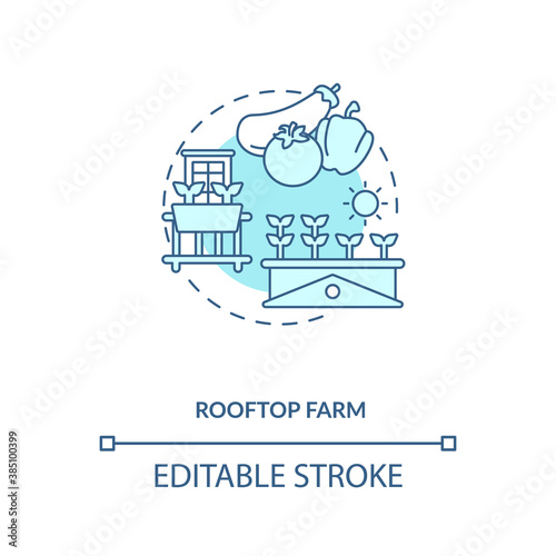 Rooftop farm concept icon. Futuristic gardening options. City buildings rooftops food fields. Urban farming idea thin line illustration. Vector isolated outline RGB color drawing. Editable stroke