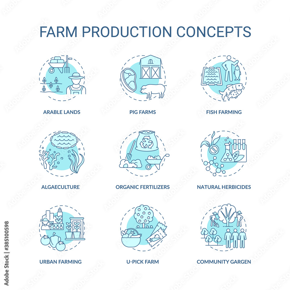 Farm production concept icons set. Natural gardening product creation. Innovational cultivation process. Farms idea thin line RGB color illustrations. Vector isolated outline drawings. Editable stroke