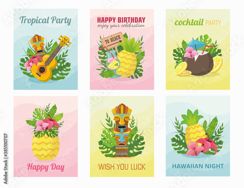 Modern Hawaiian brochures design vector illustration. Tropic and tribal elements on gradient background and text. Summer vacation concept. Template for poster, promotion or sticker