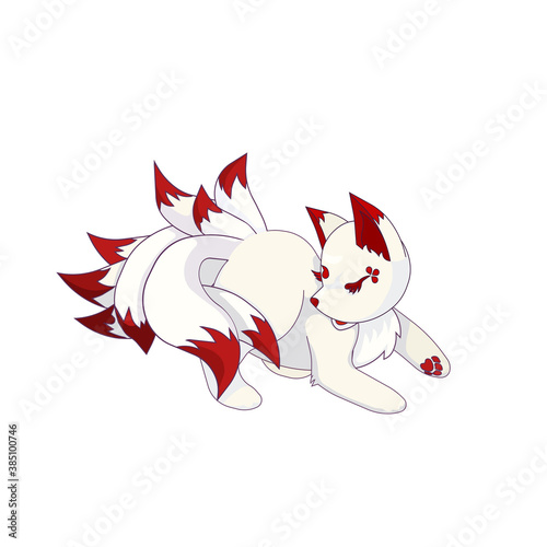 Kumiho or nine-tailed fox is playing with tails on white isolated background, vector illustration in Cartoon style, concept of Asian culture and Korean Mythology, Magical Animals and Fictional Worlds.